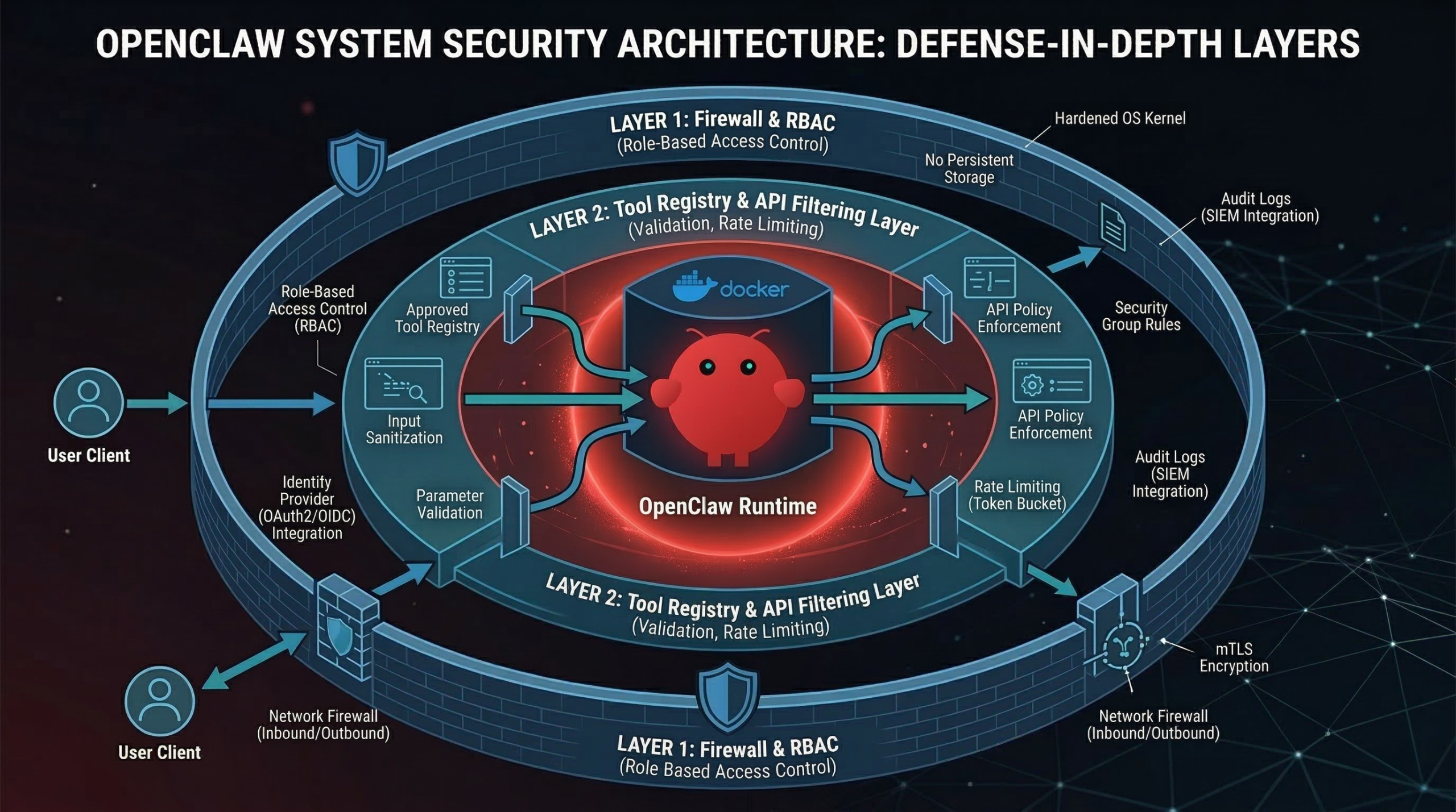 Innotech's Defense-in-Depth architecture for secure AI agents with Sandbox and Tool Registry.