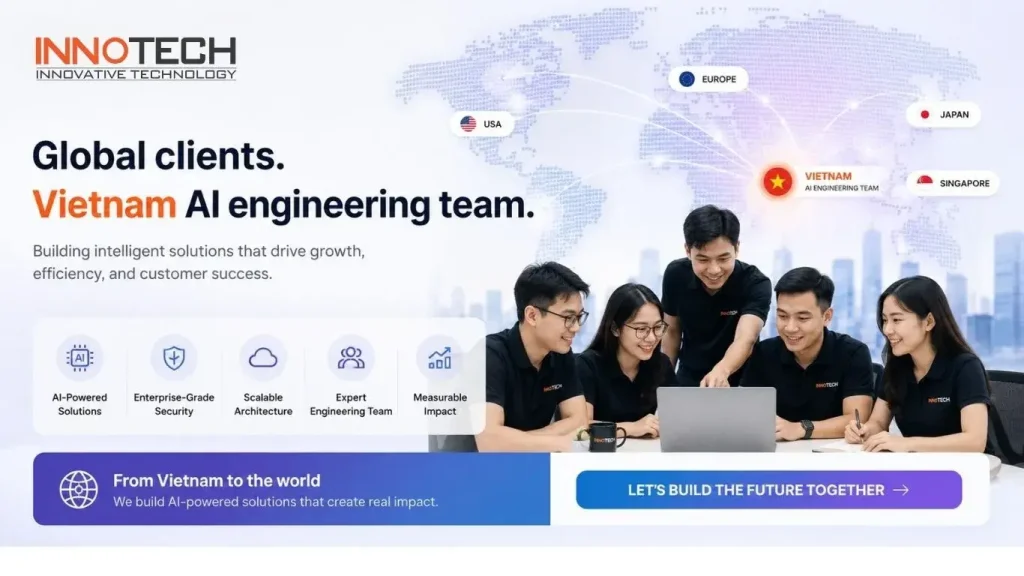 Vietnam AI engineering team from Innotech delivering AI-powered solutions for global clients across the USA, Europe, Japan, and Singapore, with a call to contact Innotech for enterprise AI development.
